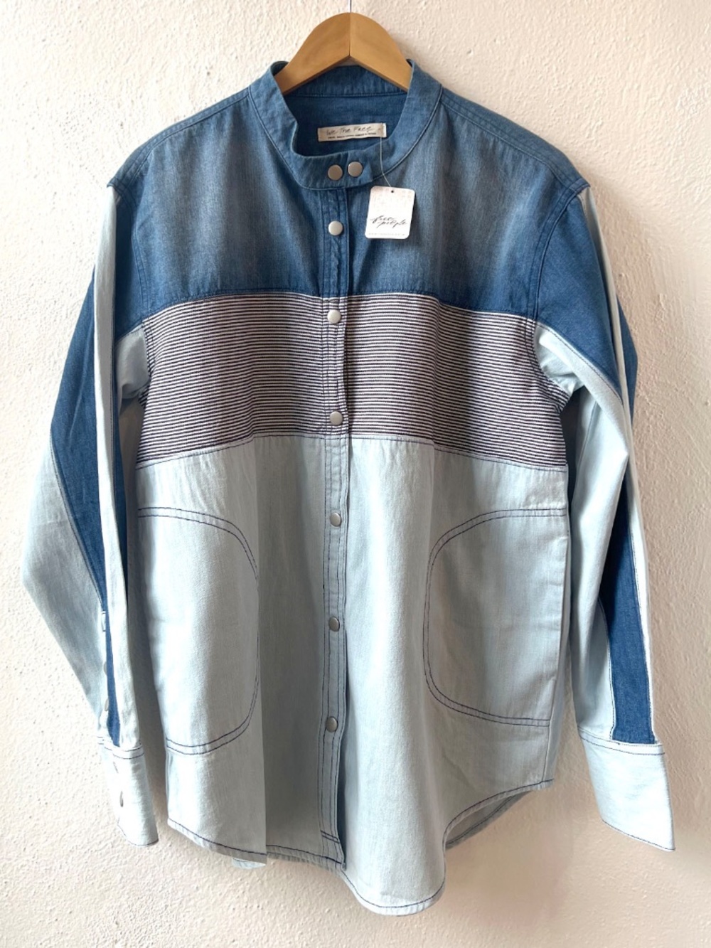 Free People Motto Color Block Shirt Blue Combo Size S NWT